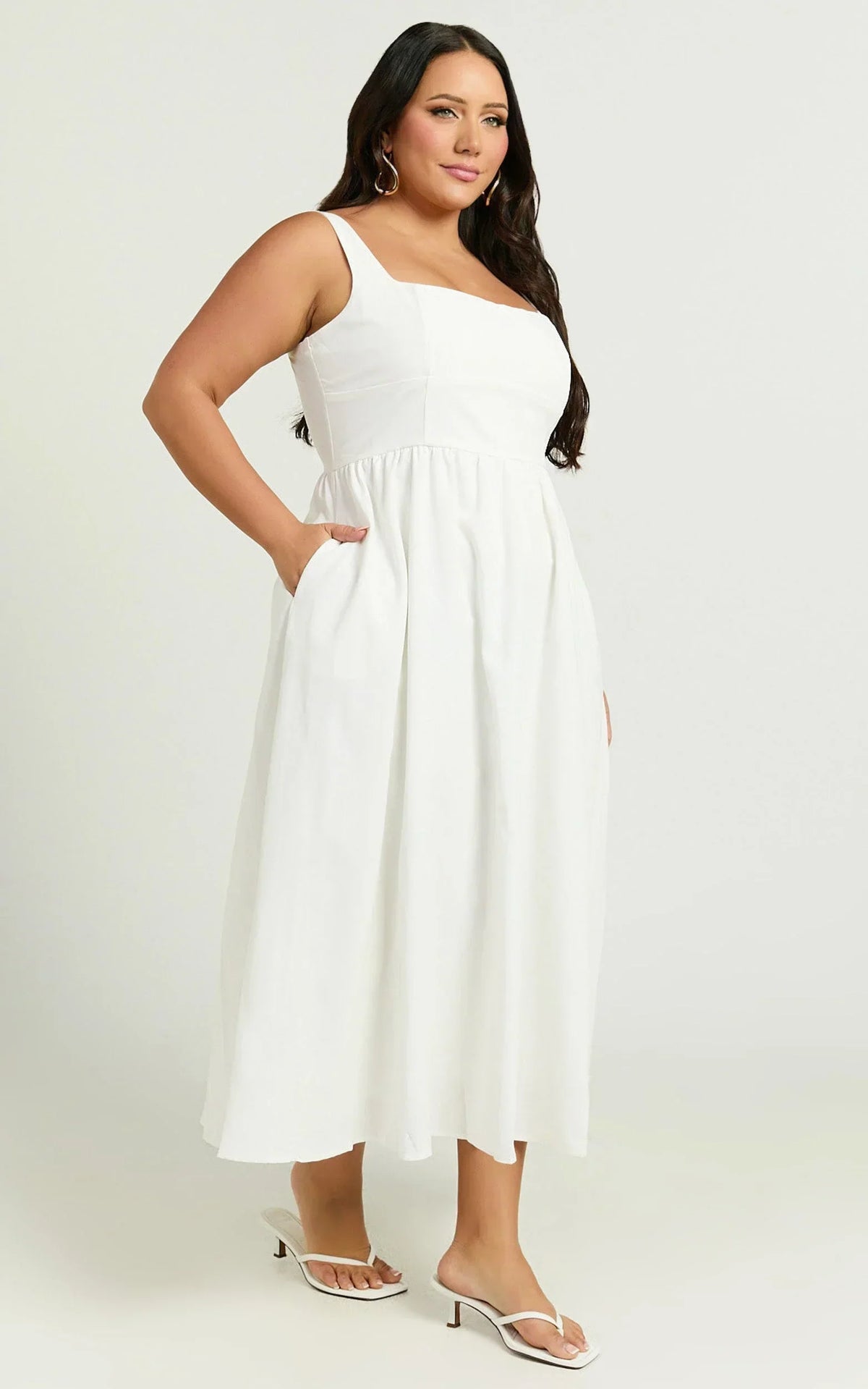Khari Midi Dress - Linen Look Square A Line Dress in White