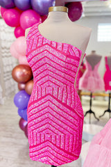 Hot Pink Sheath One Shoulder Sequins Mini Party Dresses