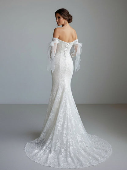 Lace Mermaid Covered-Button Long Sleeve Train Wedding Dress