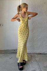 Casual U Neck Floral Print Ruched Cami Maxi Dress