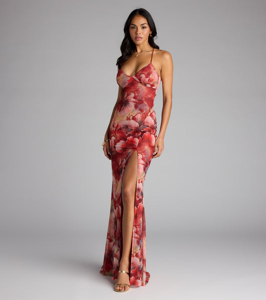 Sloane Floral Mesh High Slit Mermaid Dress
