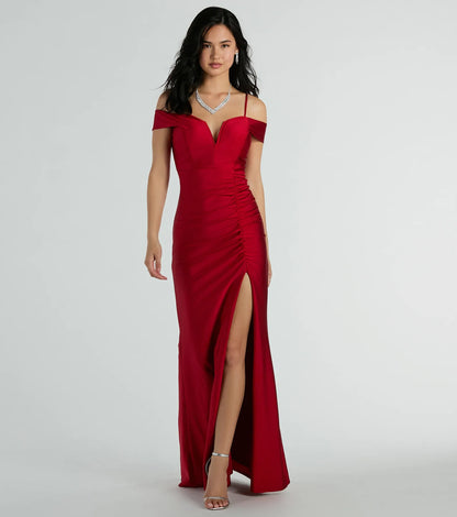Danielle Cold-Shoulder Ruched Knit Formal Dress