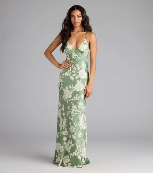Daniella Lace-Up Floral Satin Formal Dress