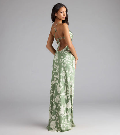 Daniella Lace-Up Floral Satin Formal Dress