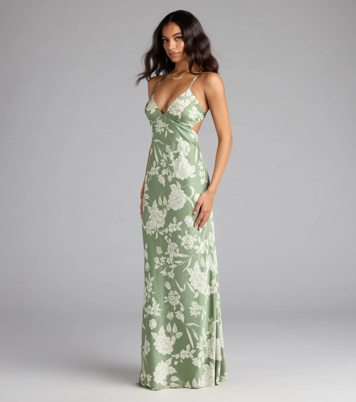 Daniella Lace-Up Floral Satin Formal Dress