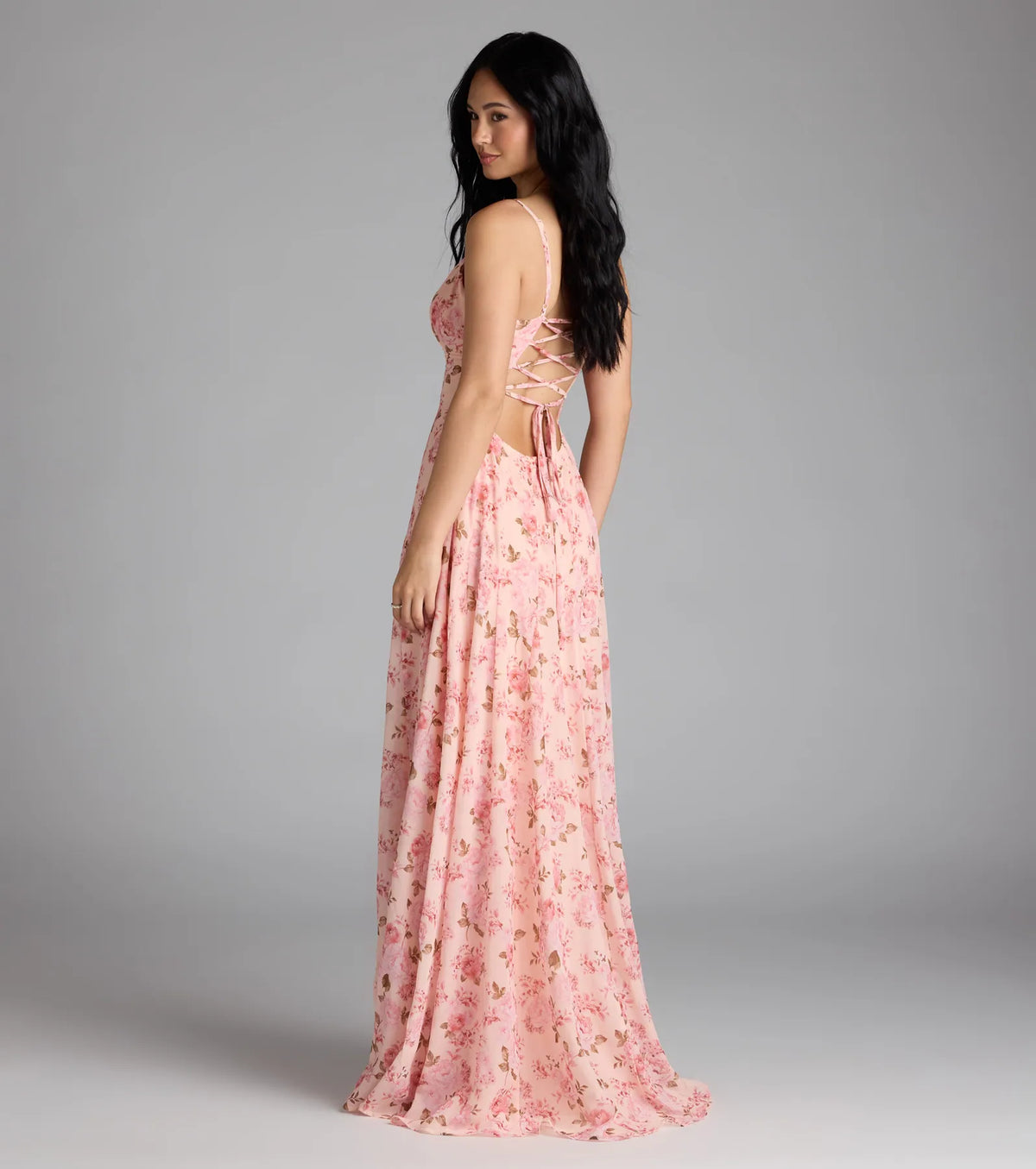 Ysabella Lace-Up A-Line Floral Chiffon Formal Dress