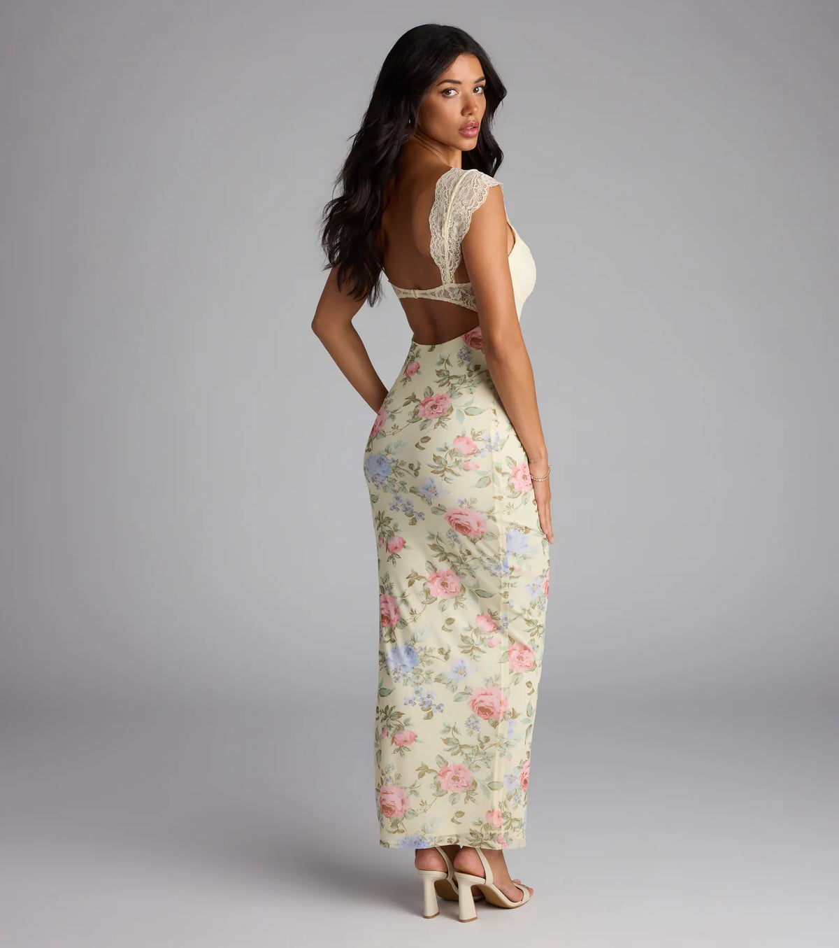 With Love Lace Cutout Floral Slit Maxi Dress