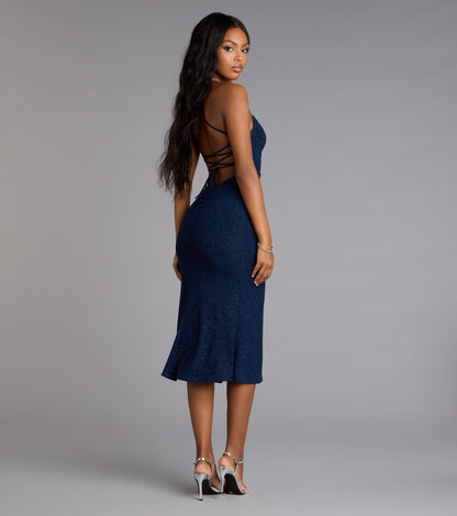 Sparkly Allure Glitter Knit Lace-Up Midi Dress
