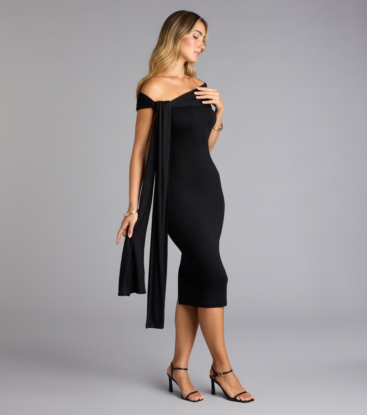 Dramatic Exit Off-Shoulder Midi Dress
