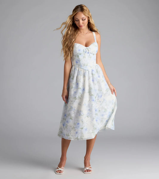 Charmed Sweetness Lace-Up Floral Chiffon Midi Dress