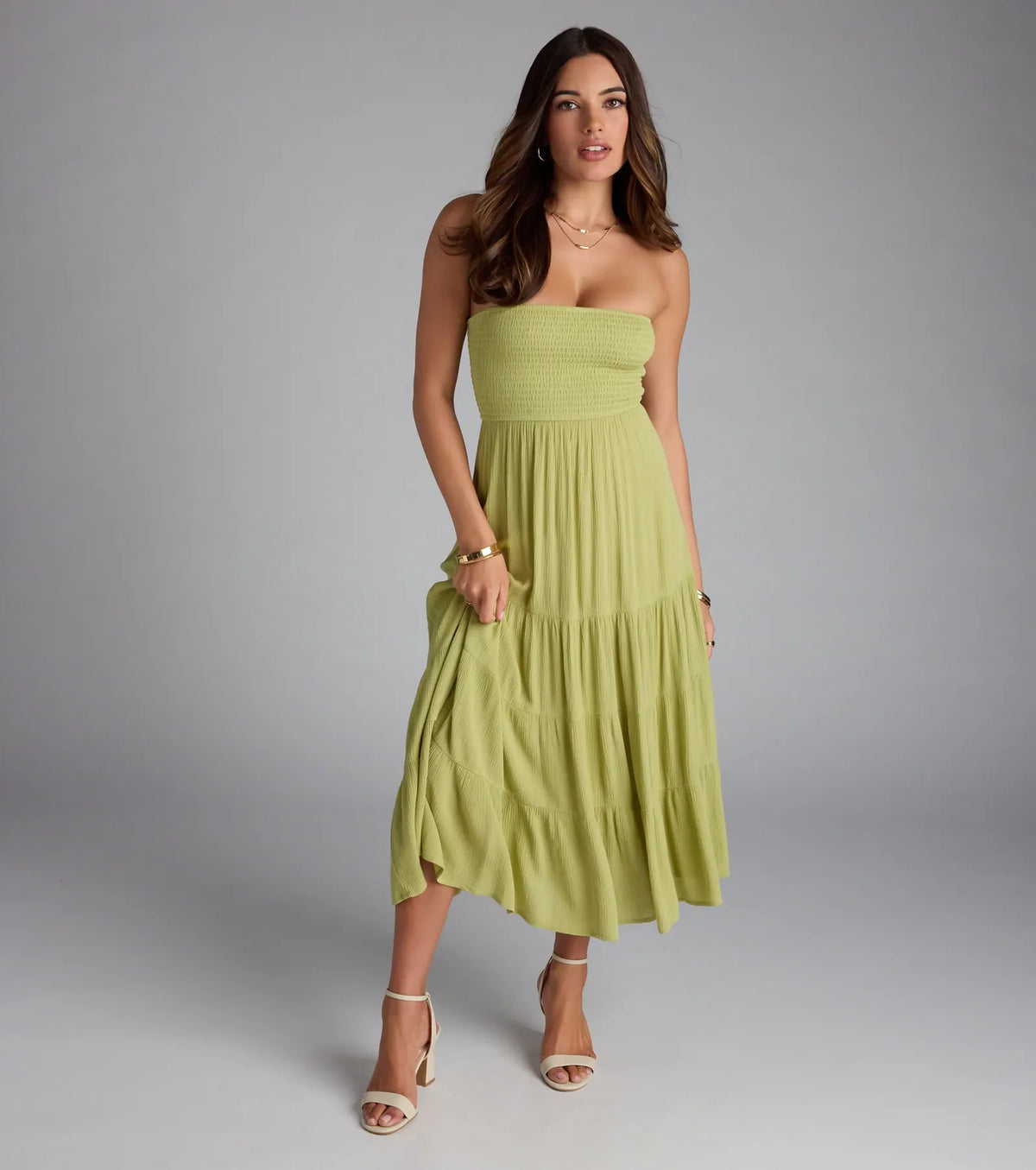 Breezy Summer Strapless Tiered Midi Dress