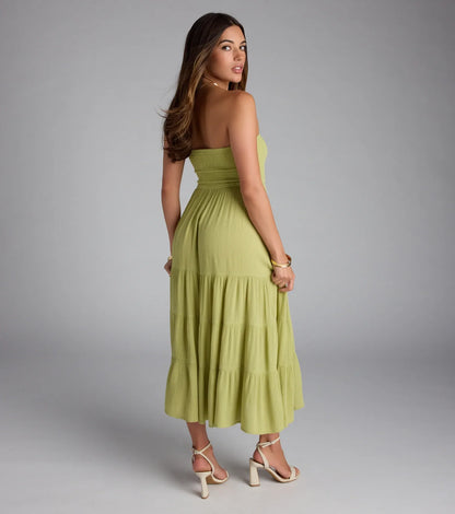 Breezy Summer Strapless Tiered Midi Dress