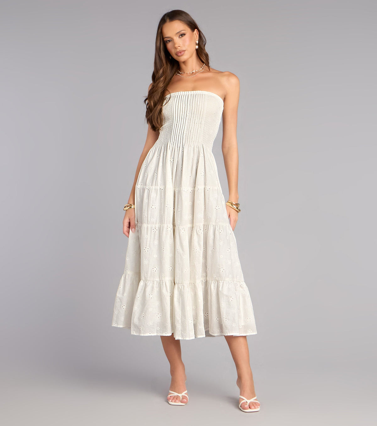 Daytime Vibe Floral Eyelet Strapless Midi Dress