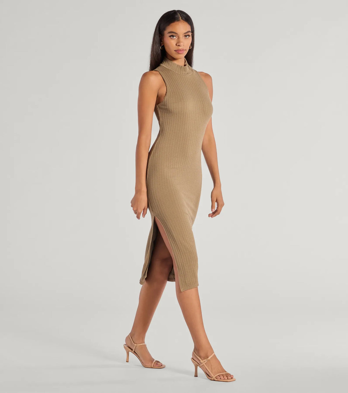 She's Stylish Mock Neck Cable Knit Midi Dress