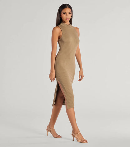 She's Stylish Mock Neck Cable Knit Midi Dress