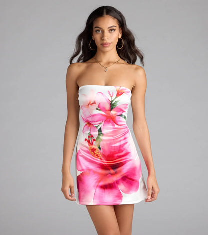 Ocean View Tropical Floral Satin Mini Dress