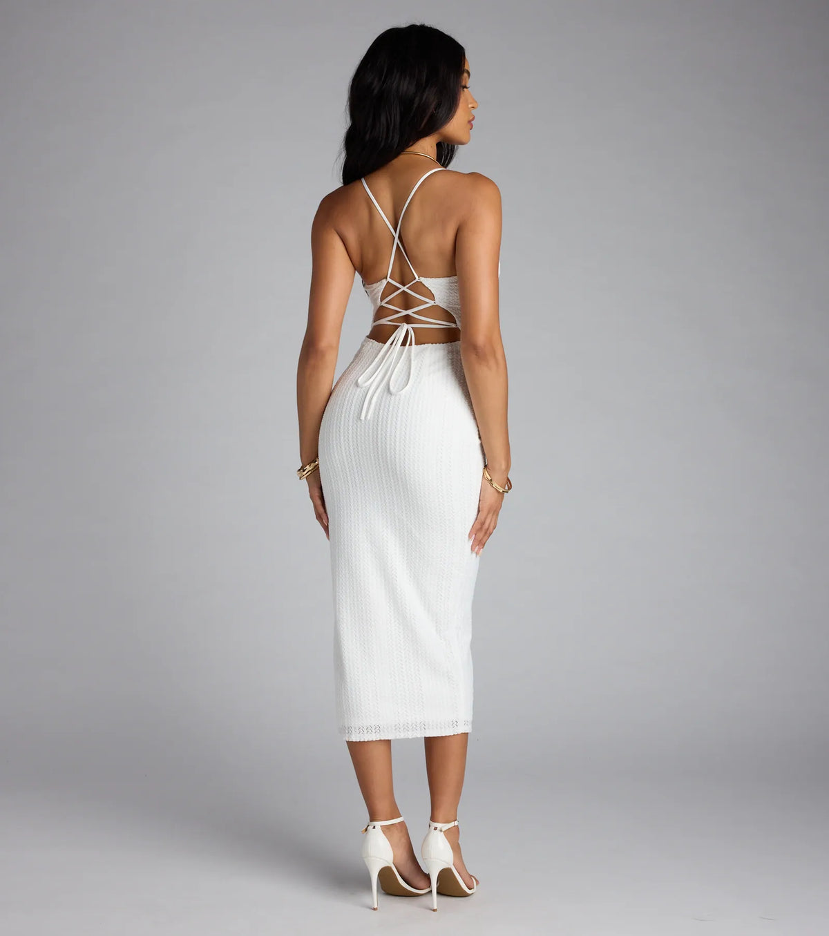 Hidden Treasure Lace-Up Shell Accent Midi Dress