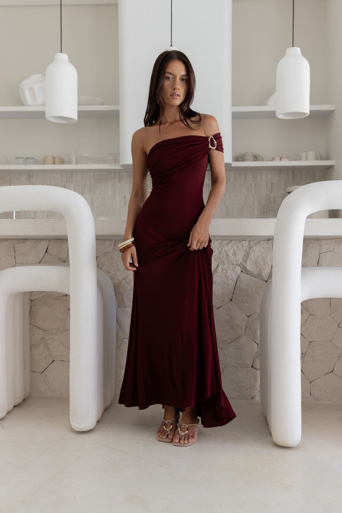 Sundown Secrets Off Shoulder Maxi Dress Wine