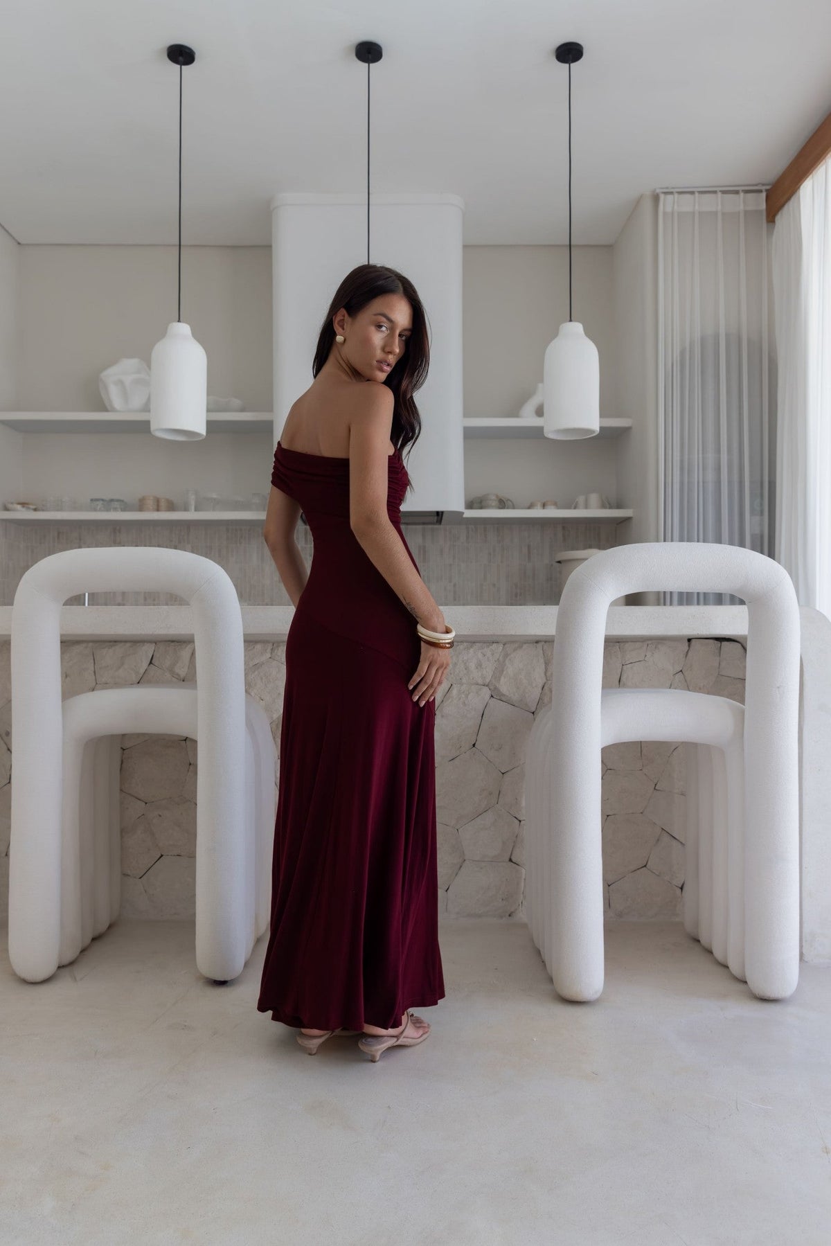 Sundown Secrets Off Shoulder Maxi Dress Wine