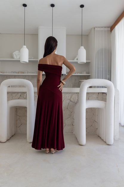Sundown Secrets Off Shoulder Maxi Dress Wine