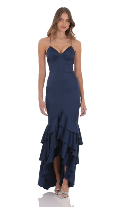 Satin Ruffle Fishtail Maxi Dress in Navy