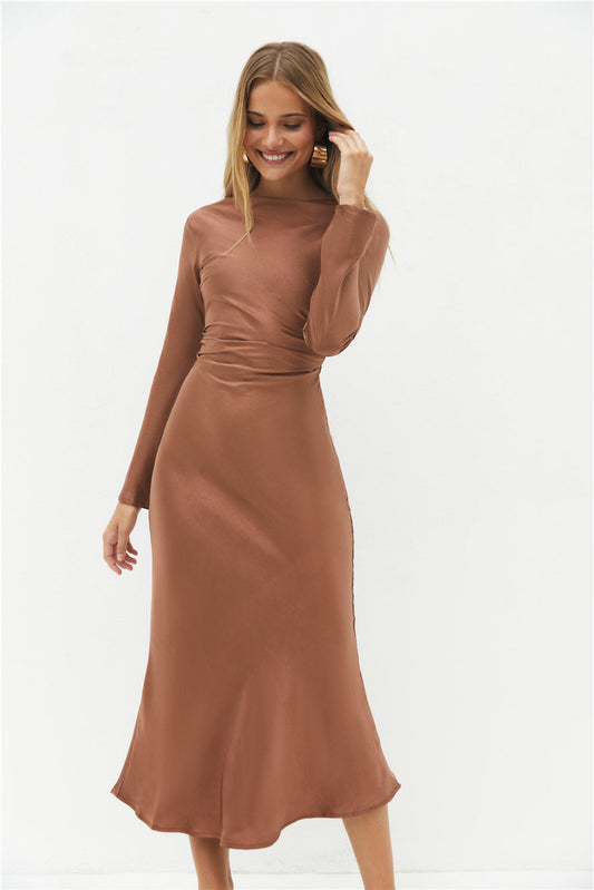 The Forget Me Not Satin Maxi Dress Brown