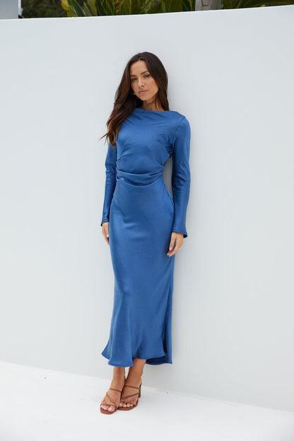 The Forget Me Not Satin Midi Dress Navy