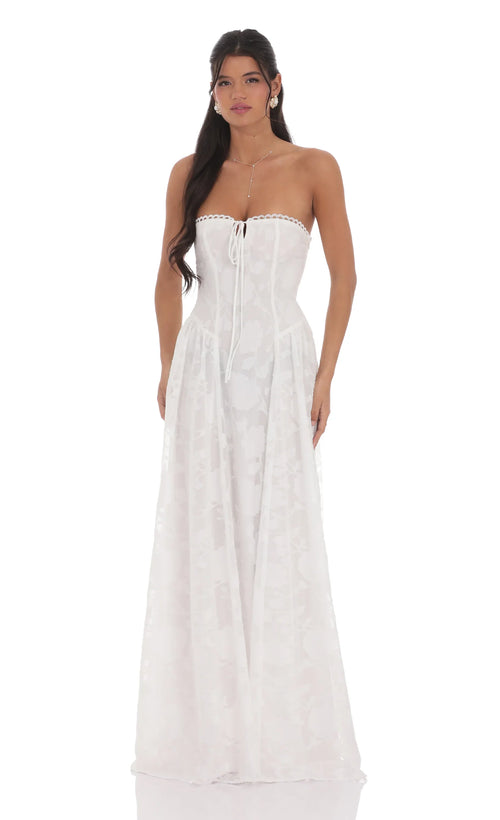 Floral Lace-Up Maxi Dress in White