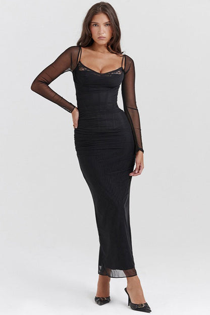Mesh Lace Patchwork Boned Fitted High Slit Elegant Maxi Dress