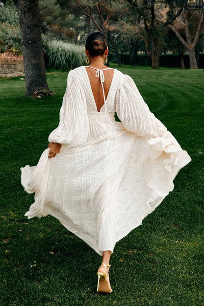 Full Flare Jacquard Ruched Puff Sleeve Backless Tie Maxi Dress