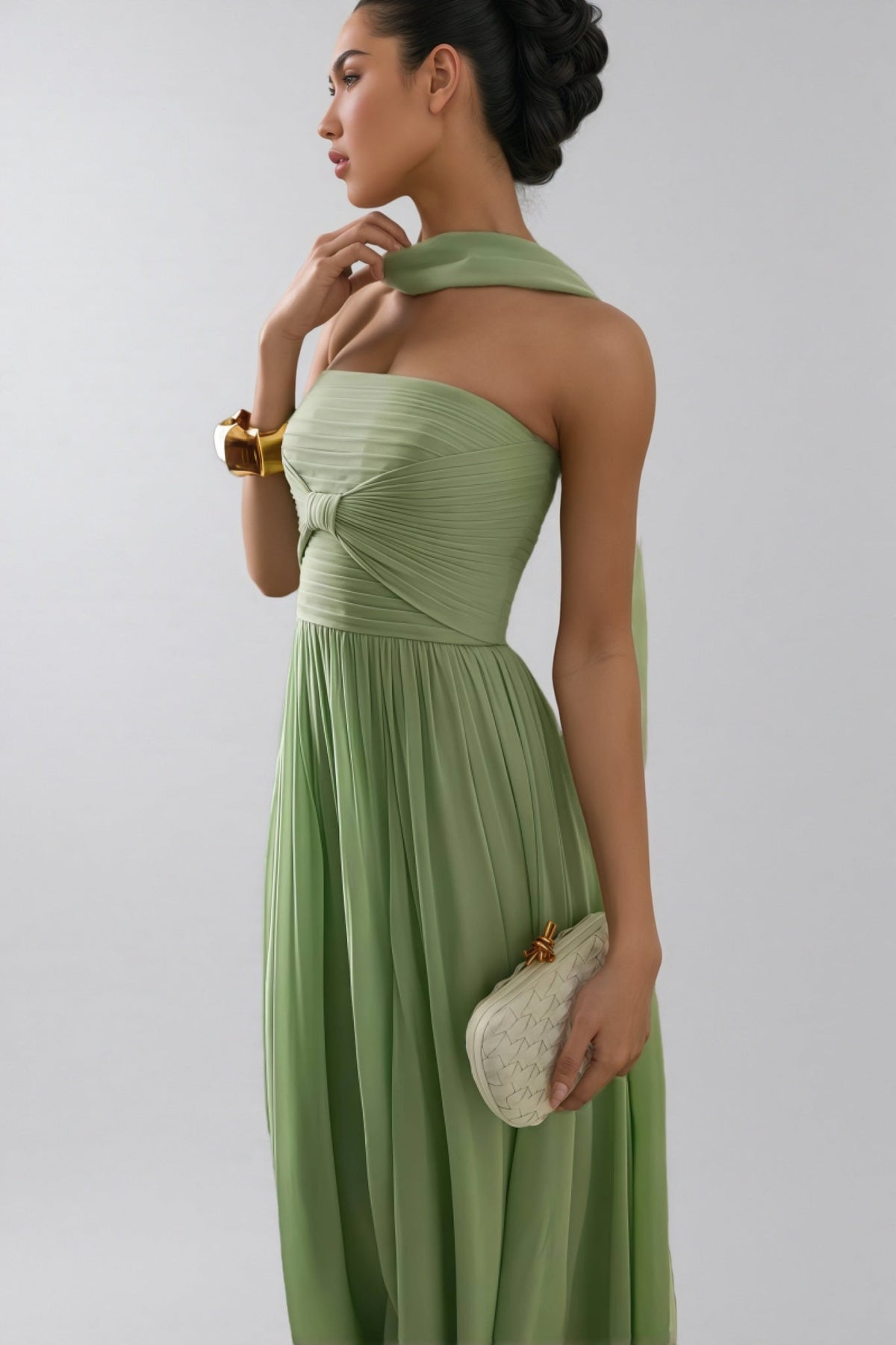 Bellke Green Pleated Strapless Maxi Dress
