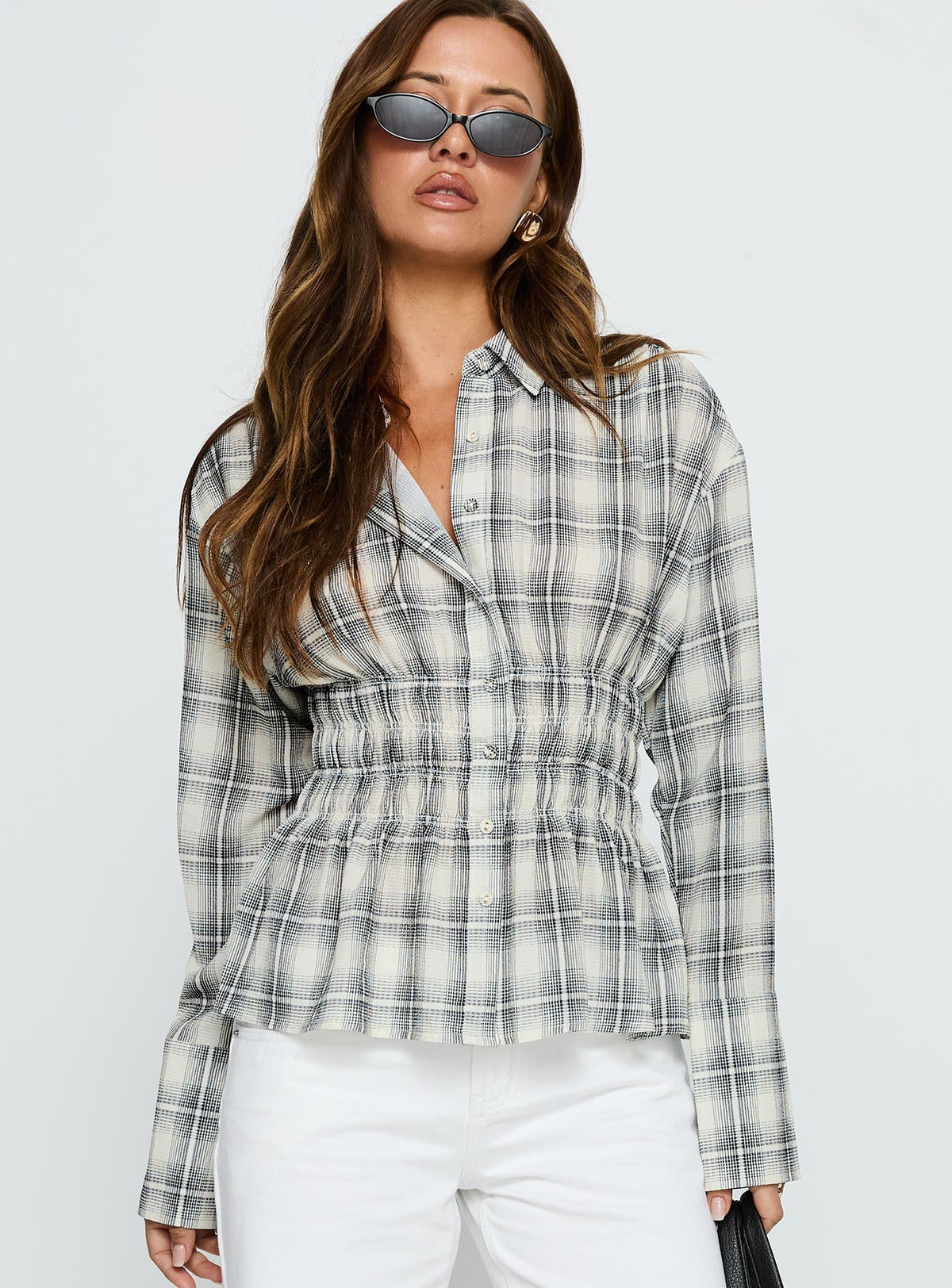 As You Are Shirred Button Up Top Black Check
