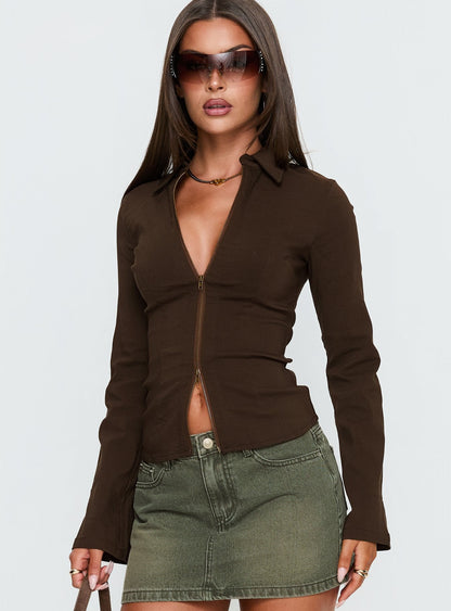 Aviela Zip Up Long Sleeve Top Brown