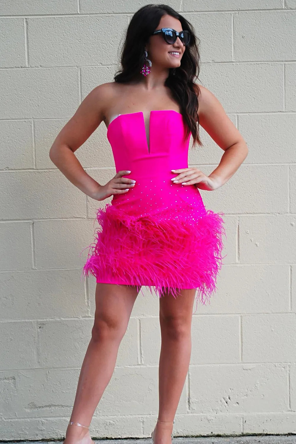 Fuchsia Strapless Bodycon Homecoming Dress with Feather