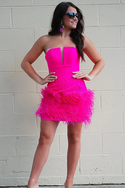 Fuchsia Strapless Bodycon Homecoming Dress with Feather