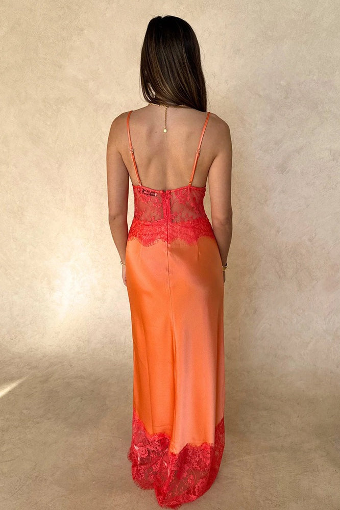 Elegant Sexy Deep V Sheer Lace Patchwork Maxi Dress