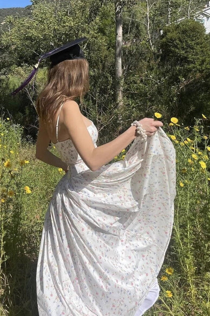 Floral Ruffle Big Hem Spaghetti Strap Waisted Maxi Dress