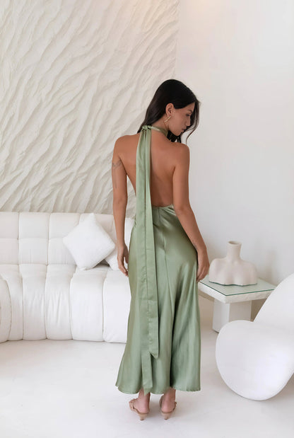 In My Feelings Satin Maxi Dress Olive