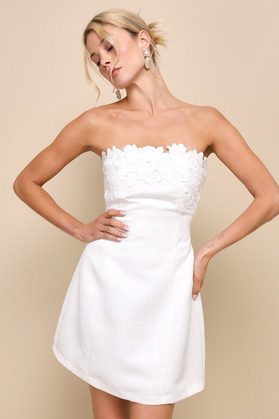 Unforgettable Icon White Satin Strapless Floral Mini Dress