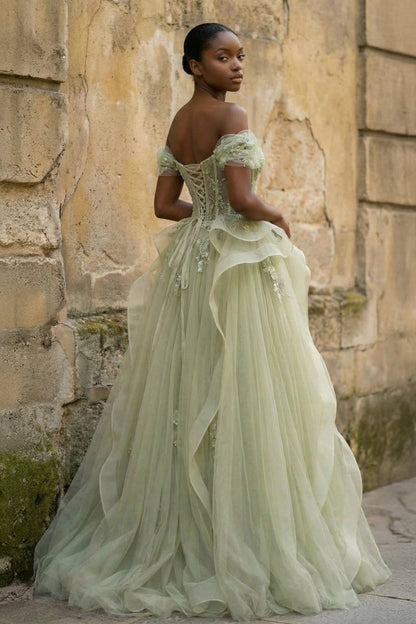 Green Tulle Lace Long Prom Dress with Corset, Green Formal Party Dress