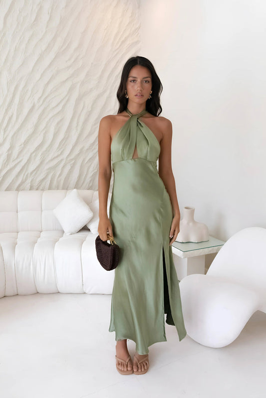 In My Feelings Satin Maxi Dress Olive