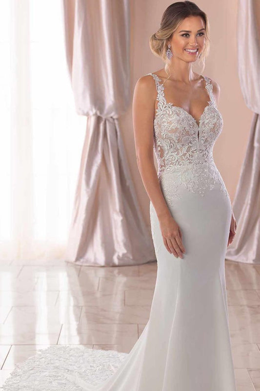 Lace Straps Sweep Train Mermaid White Wedding Dress