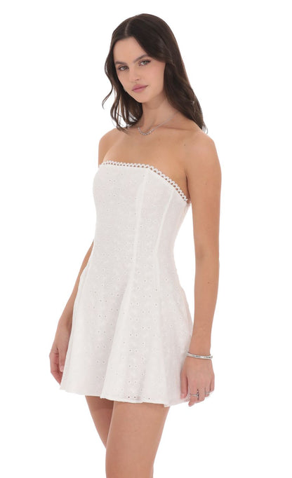 Eyelet Floral Strapless Dress in White