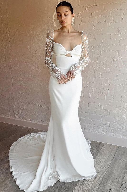 Elegant Mermaid Sweetheart Satin Long Wedding Dresses with Long Sleeves