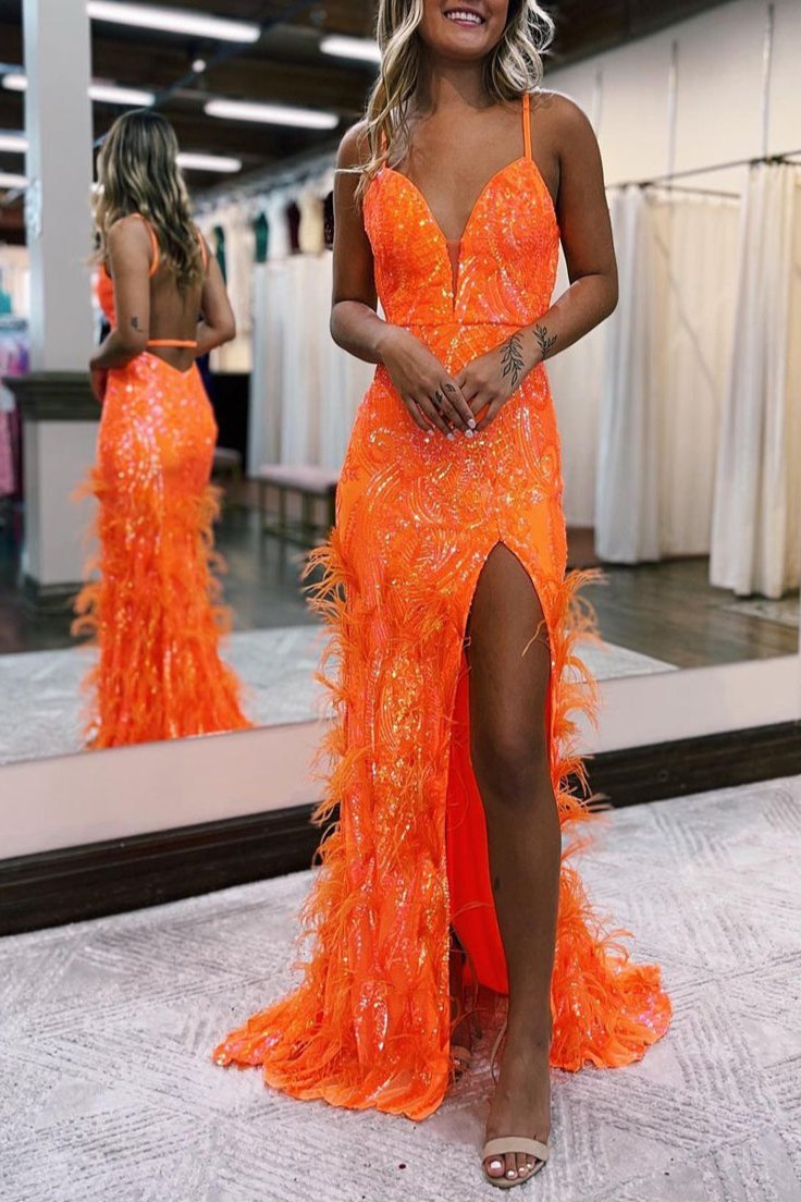 Jade Sequin Lace Spaghetti Straps Mermaid Prom Dresses with Slit