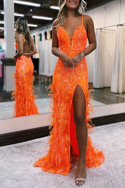 Jade Sequin Lace Spaghetti Straps Mermaid Prom Dresses with Slit