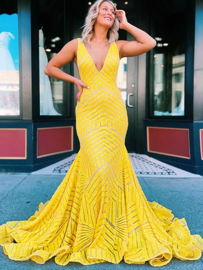 Deep V Neck Pink Sequins Mermaid Long Prom Dress