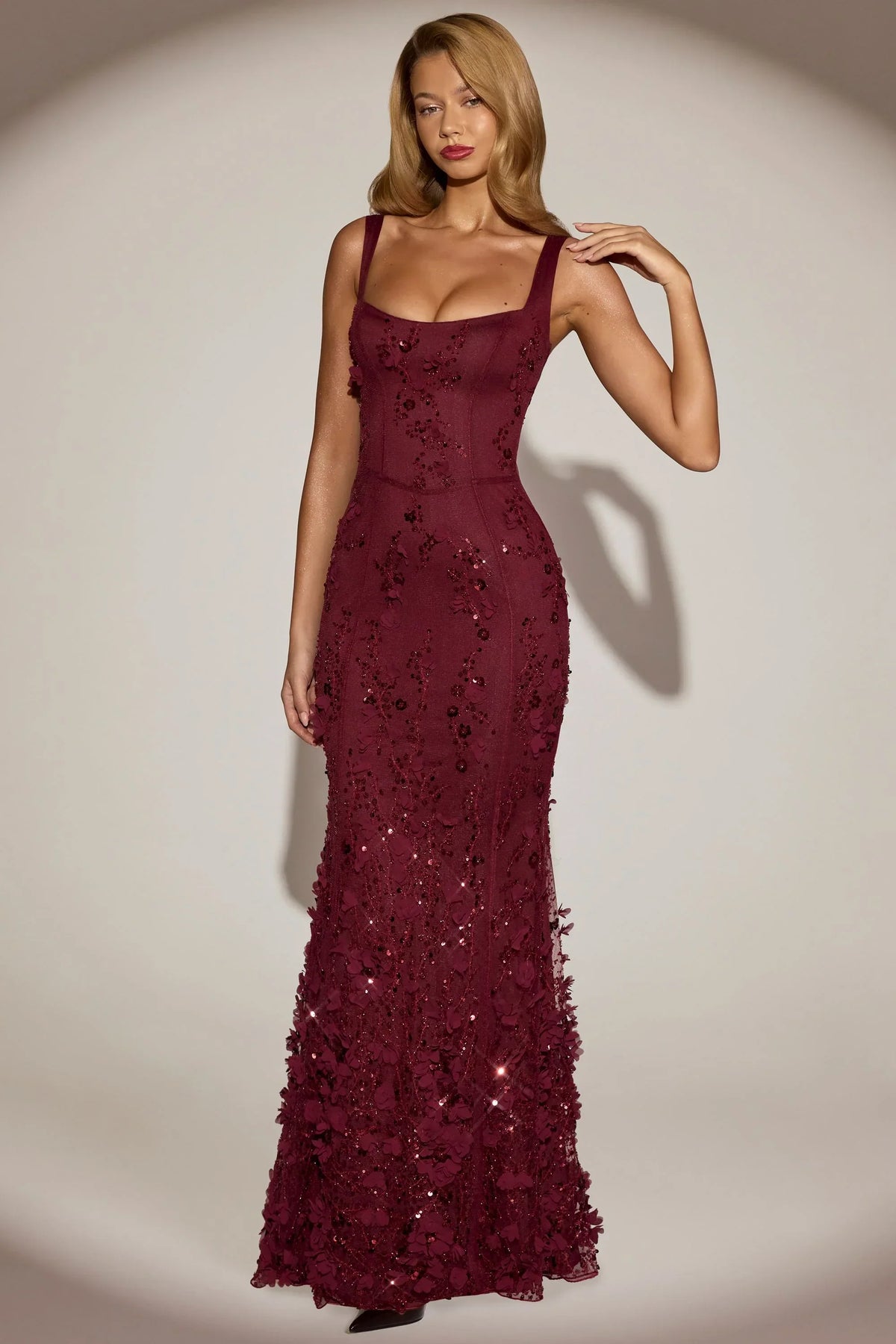 Embellished Fishtail Corset Gown in Wine Red