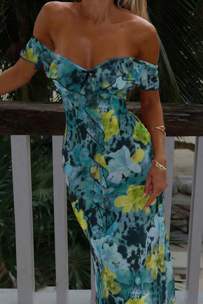 Tie Strapless Ruffled Print Sexy Bodycon Maxi Dress
