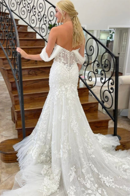 Ivory Tulle Appliques Off-the-Shoulder Mermaid Long Wedding Dress